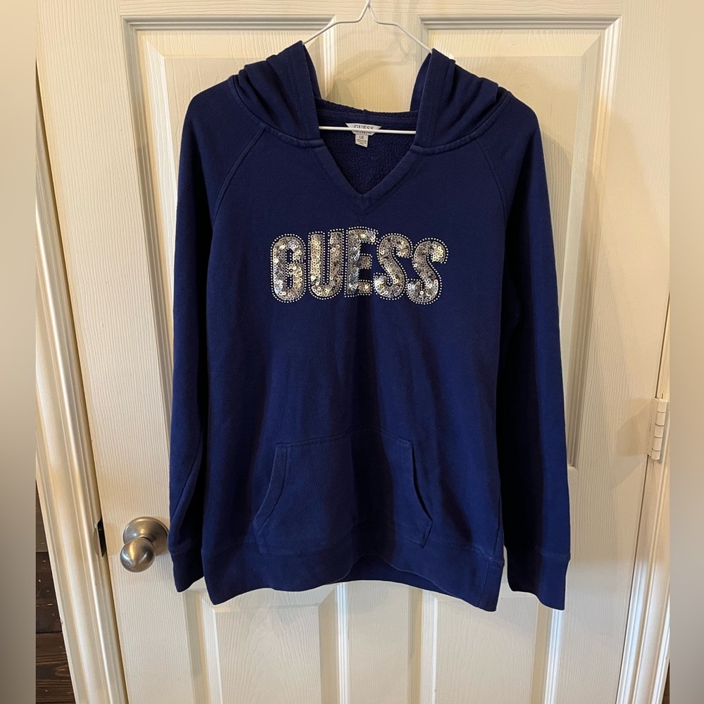 3/$20 SALE! Guess Women’s Navy Hoodie with Rhinestone/Sequined Logo, Size Large